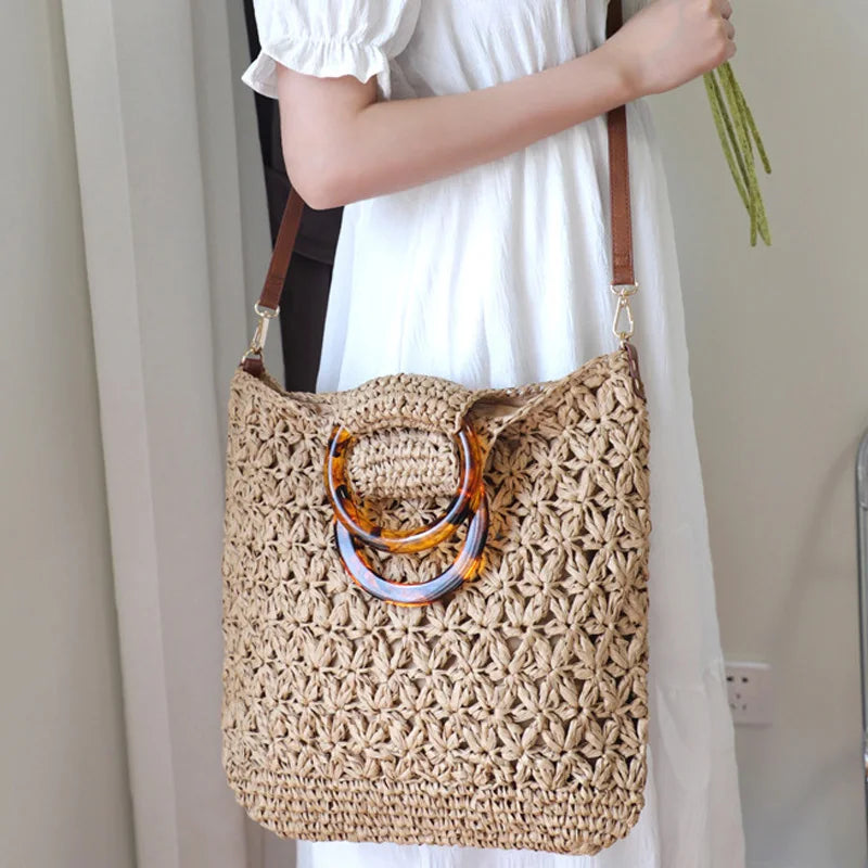 Femlion Straw Woven Shoulder Bag | Handheld Beach Tote for Women