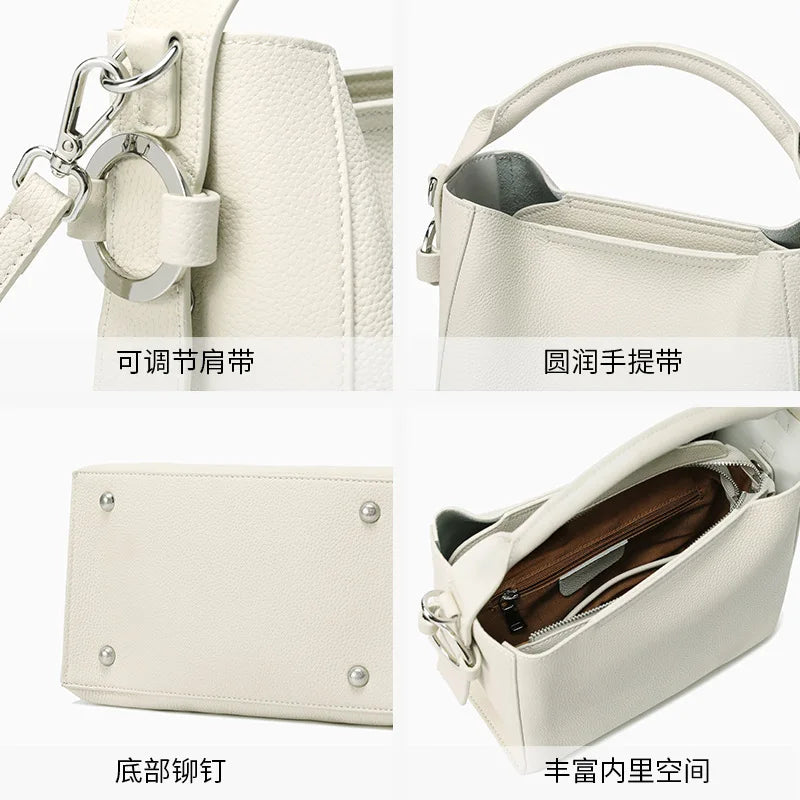 Femlion Cow Leather Shoulder Handbag: Versatile & Fashionable Crossbody Bucket Bag for Women