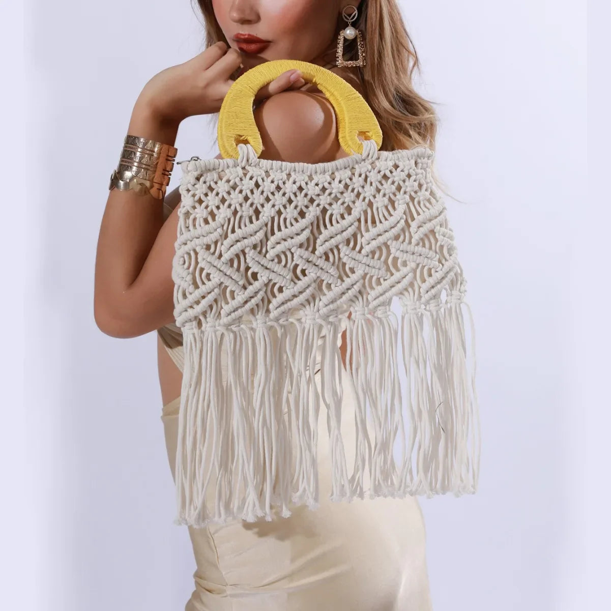 Femlion Boho Tassel Beach Handbag - 2024 Spring/Summer Contrast Color Woven Rope Bag