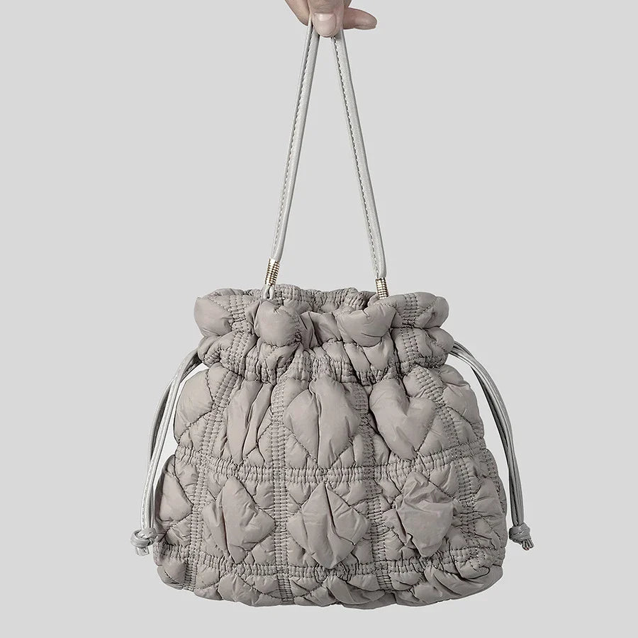 Femlion Quilted Nylon Bucket Bag: Designer Padded Women Shoulder Crossbody Tote and Purse