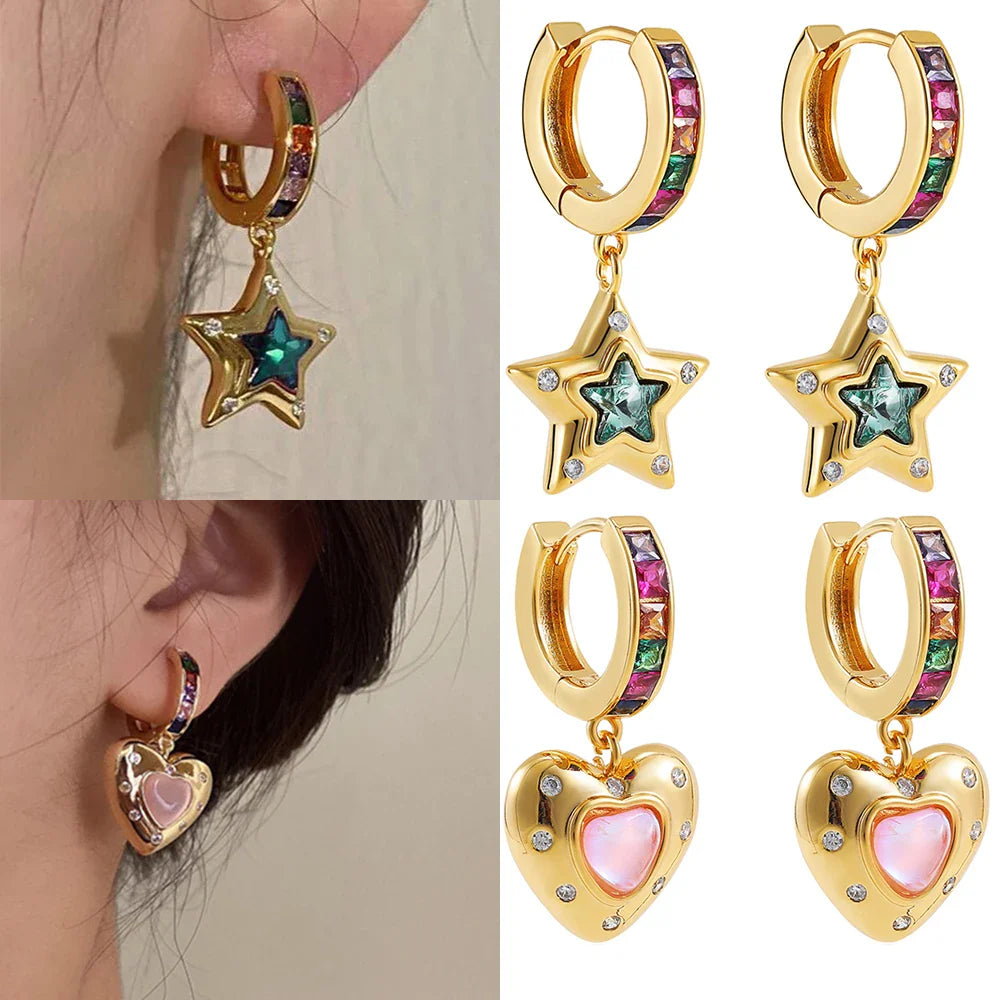 Femlion Colorful CZ Zircon Huggie Hoop Earrings Star Heart Design Fashion Jewelry