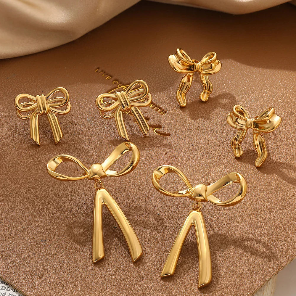 Femlion Gold Bowkont Stud Earrings - Elegant Ribbon Bow Piercing Jewelry for Women