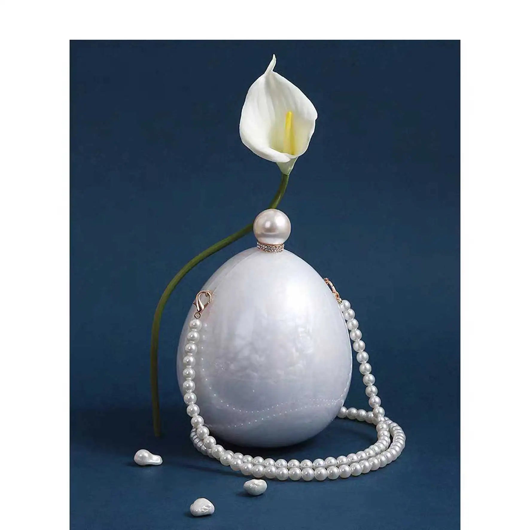 Femlion White Acrylic Egg Purse with Pearl Chain - Stylish Shoulder Handbag for Women