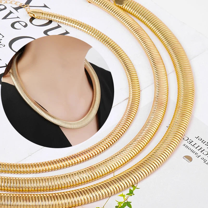 Femlion Exaggerated Gold Texture Collar Necklace for Women - Wide Chain Choker