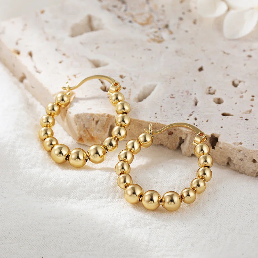 Femlion Gold Plated Copper Round Bead Hoop Earrings