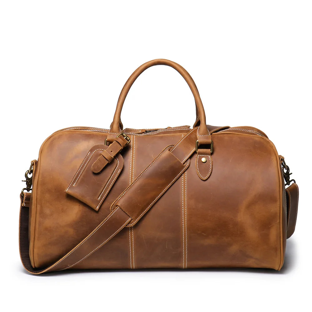 Femlion Leather Travel Duffle Bag - Top Cowhide Weekender Handbag