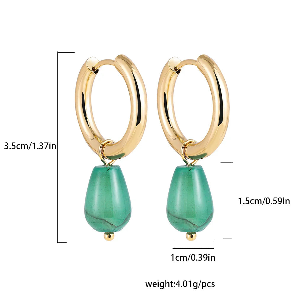 Femlion Green Stone Teardrop Earrings: Gold Hoops Huggies for Women