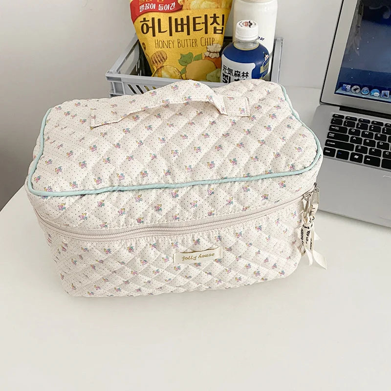 Femlion Box Shape Makeup Bag - Quilting Cotton Toiletry Case for Women