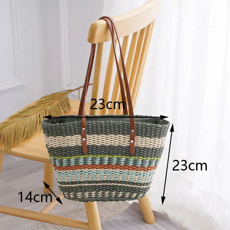 Femlion Striped Straw Bag with Soft Leather Handle Large Tote Basket