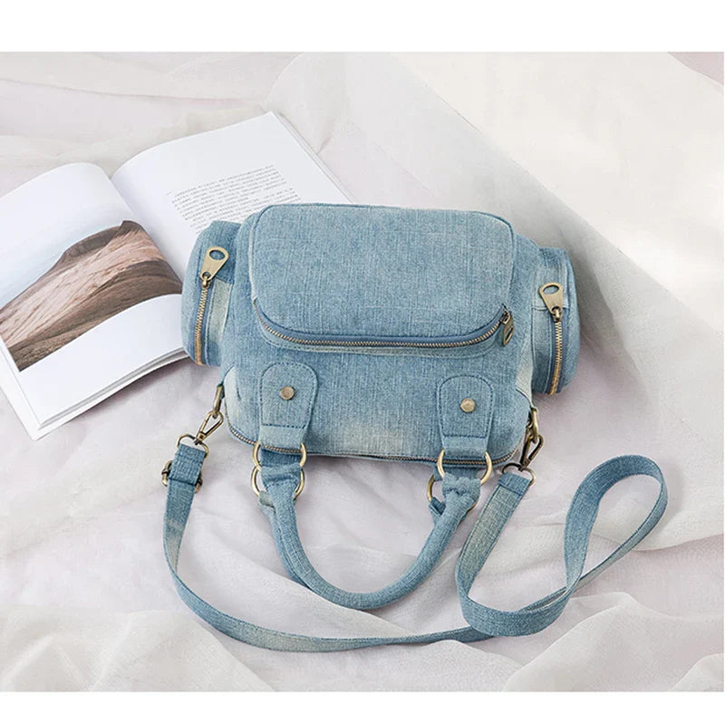 Femlion Denim Crossbody Bag Quality Shoulder Handbag with Multi-pockets and Adjustable Strap