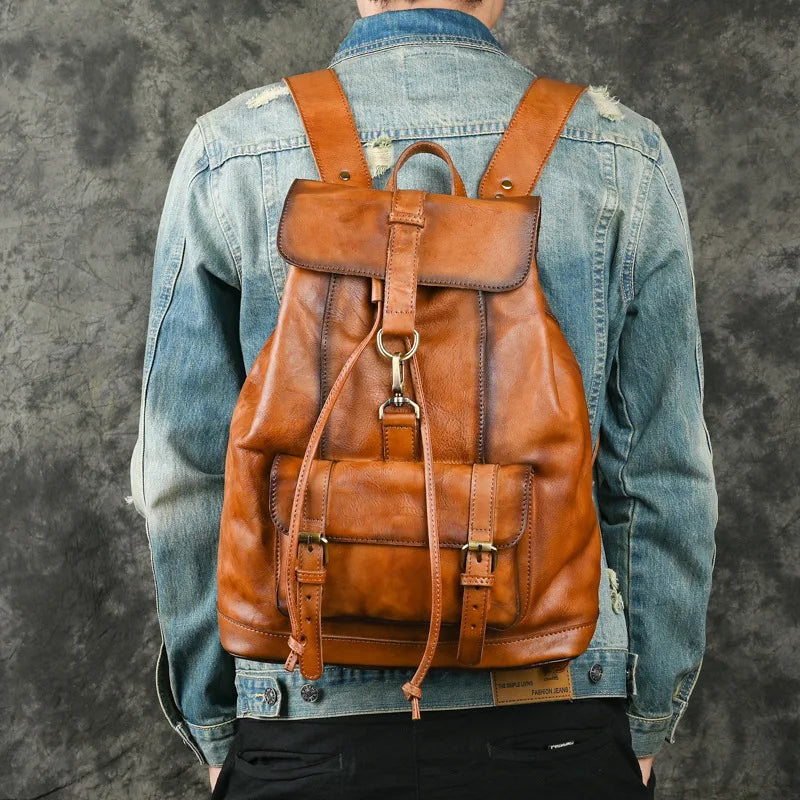 Femlion Men's Luxury Cowskin Leather Backpack - Vintage Designer Laptop Bagpack