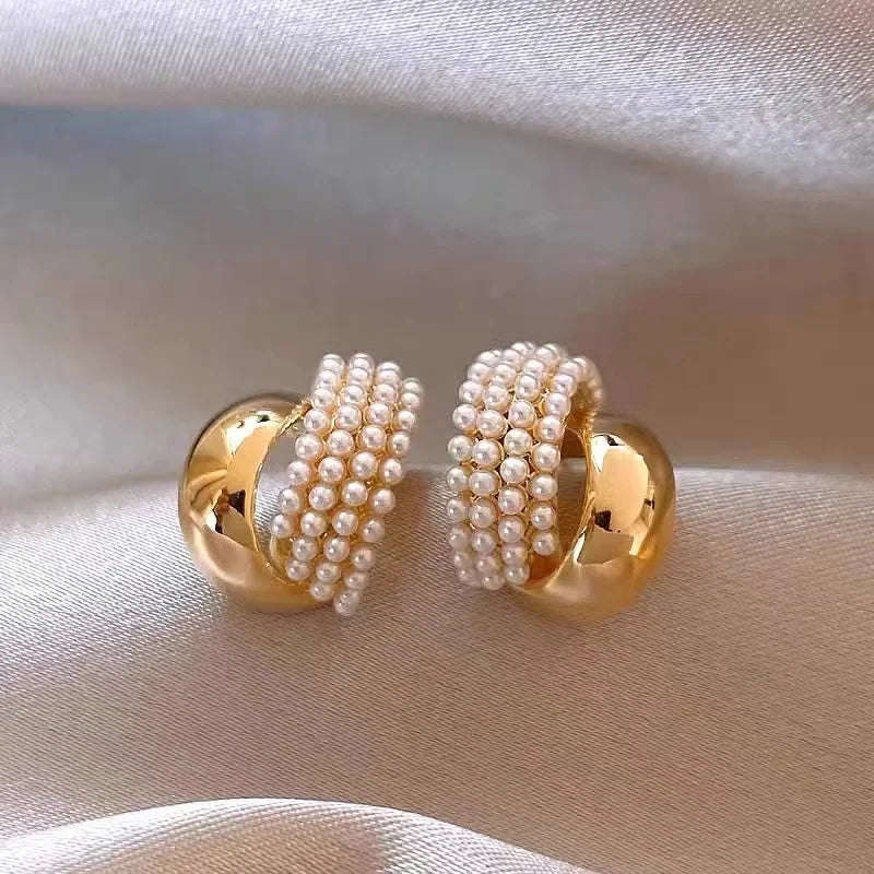 Femlion Gold Color Arc-Shaped Earrings with Imitation Pearl - 2024 Korean Fashion Jewelry