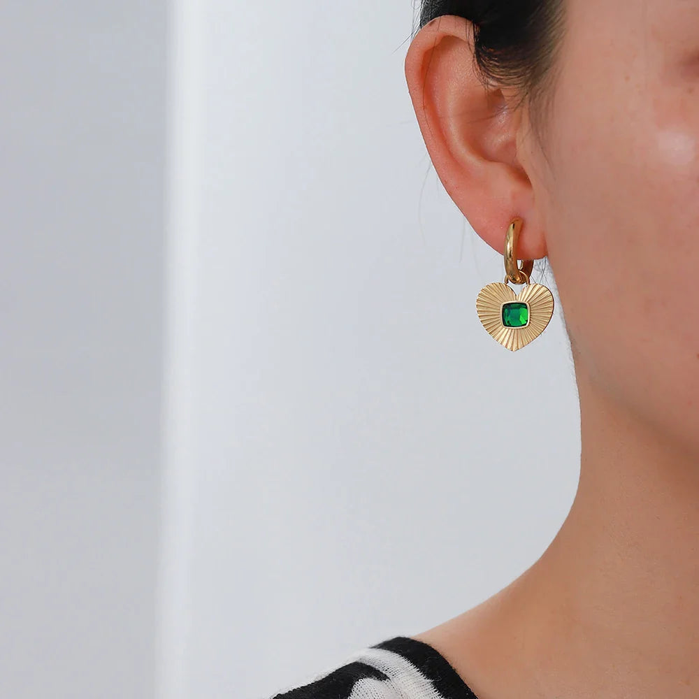 Femlion Green Crystal Square Hoop Earrings