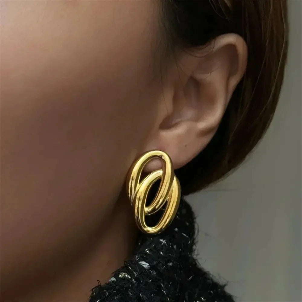 Femlion Gold Plated Double Circle Linked Drop Earrings Stainless Steel Geometric Fashion Jewelry