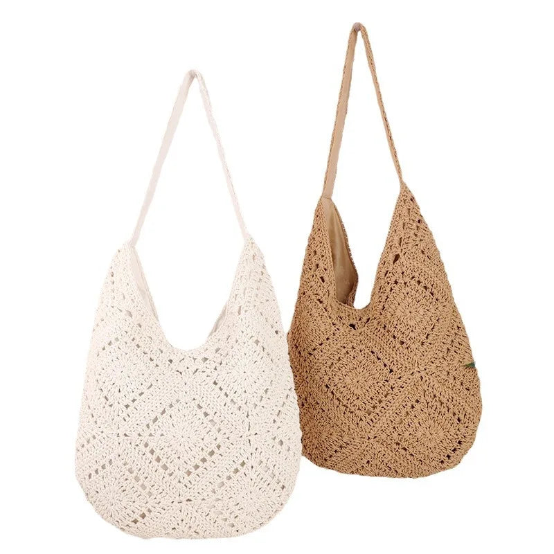 Femlion Fashionable Woven Grass Bag with Silk Hook Flower, Shoulder Beach Bag