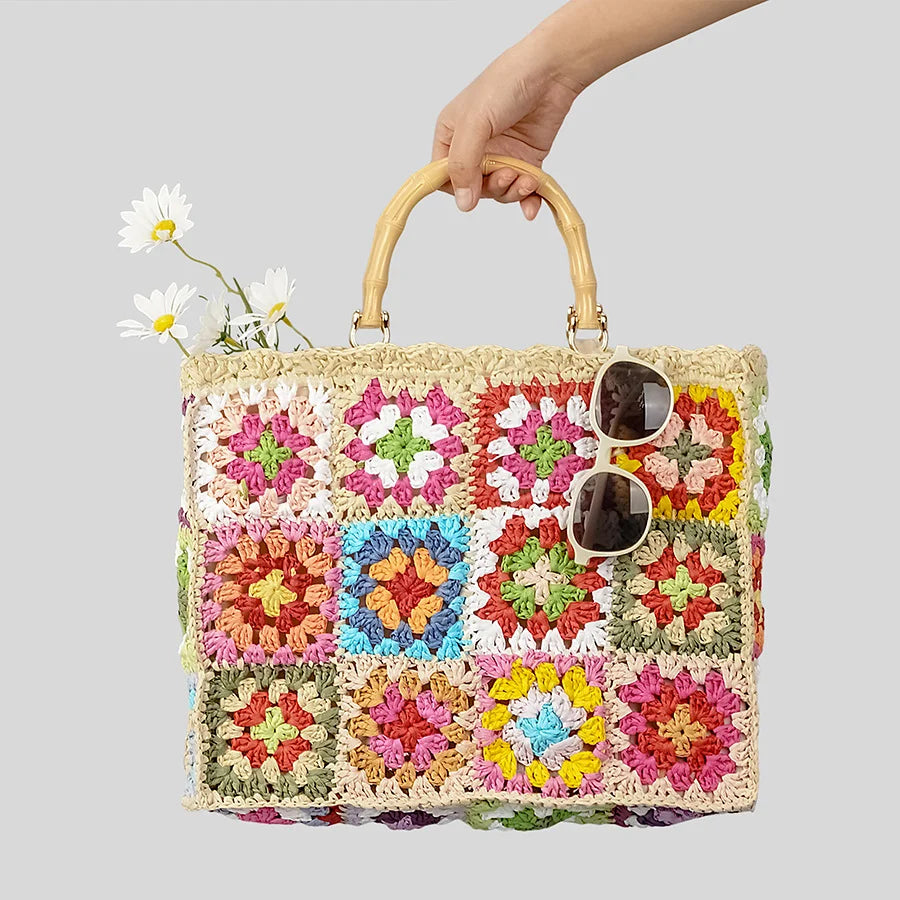 Femlion Boho Granny Square Straw Handbag with Bamboo Handle