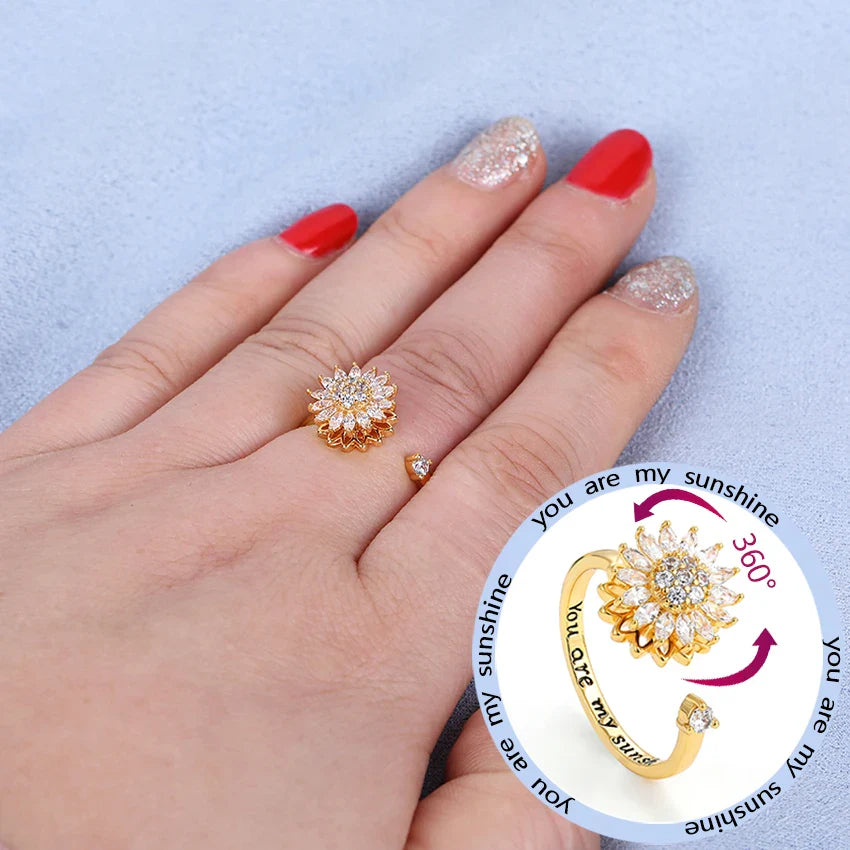 Sunflower Spinner Ring Women CZ Crystal Flower Open Rings Couples Gifts Femlion