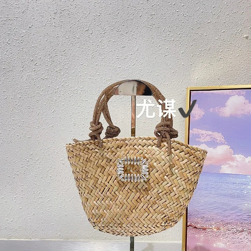 Femlion Handmade Woven Grass Beach Bag with Diamond Shining for Summer Travel