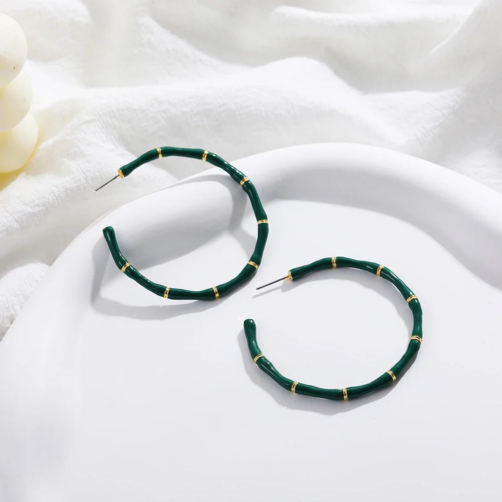 Femlion Oversize Enamel Bamboo Hoop Earrings for Women - Big Hoops Jewelry Party Gifts