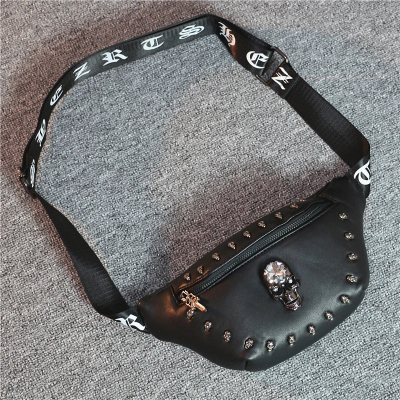 Femlion Rivet Skull Waist Bag Unisex Black Leather Fanny Pack