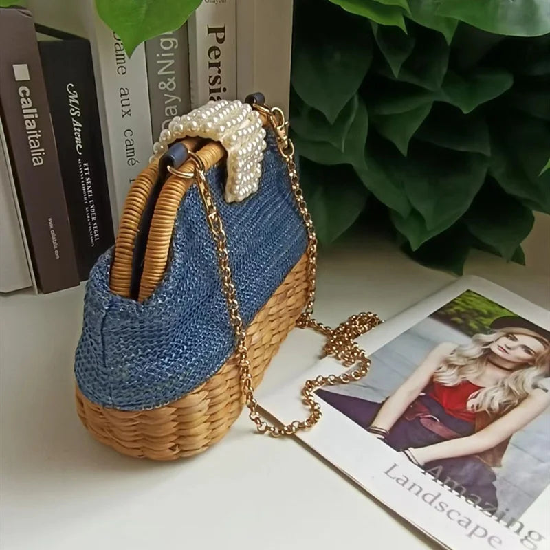 Femlion Chain Grass Weaving Pearl Bag