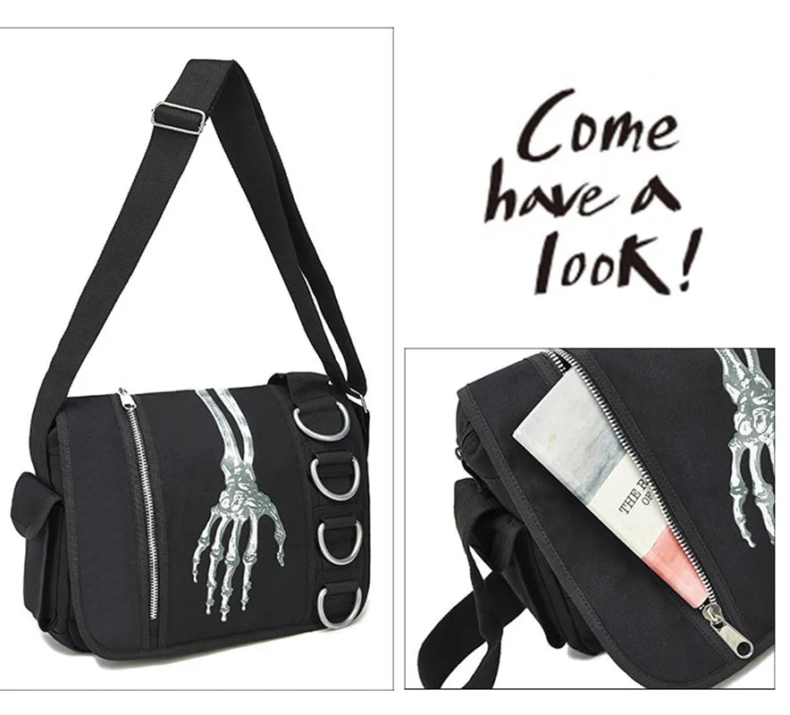 Femlion Gothic Skeleton Hand Canvas Shoulder Handbag for Travel, School, Work.