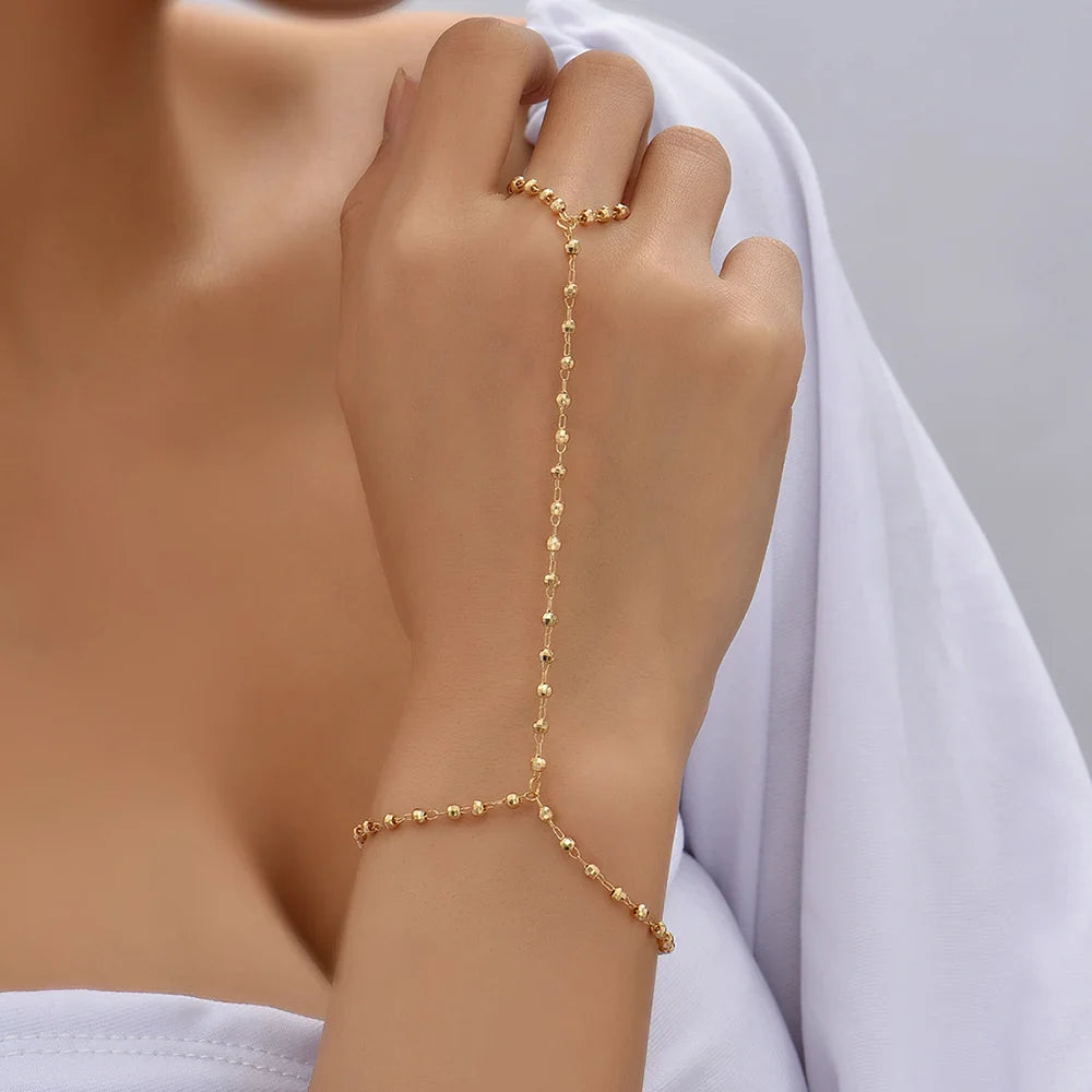 Femlion Gold Faceted Beads Chain Hand Harness Jewelry for Elegant Women