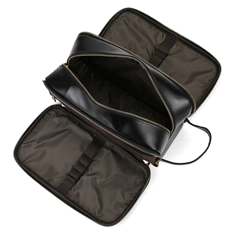 Femlion Black Leather Toiletry Travel Bag for Luxury Style Storage