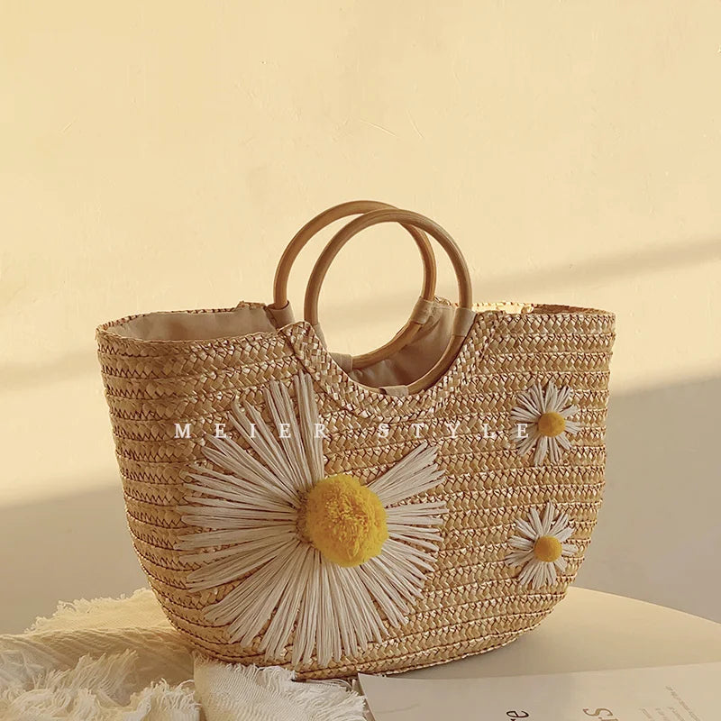 Femlion Daisy Straw Ring Handbag: Stylish Woven Beach Bag for Holidays