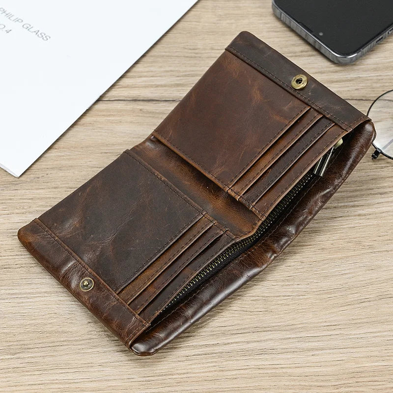 Femlion Genuine Leather Men's Zipper Wallet Short Bifold Coins Holder Card Purse