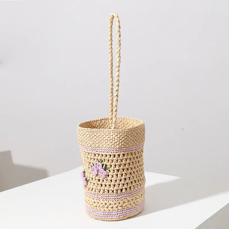 Femlion Raffia Straw Bucket Bag One-shoulder Handbag