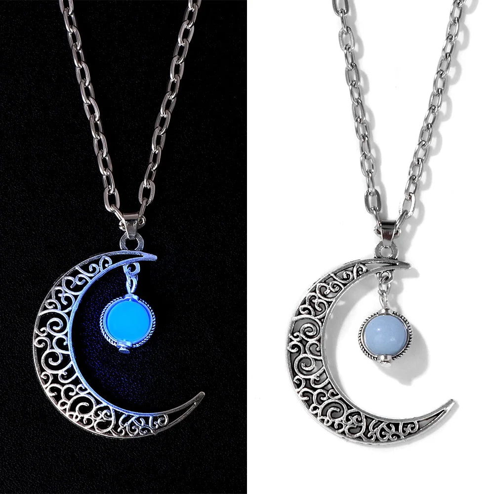 Femlion Luminous Stone Crescent Moon Necklace Jewelry Choker Glow in the Dark