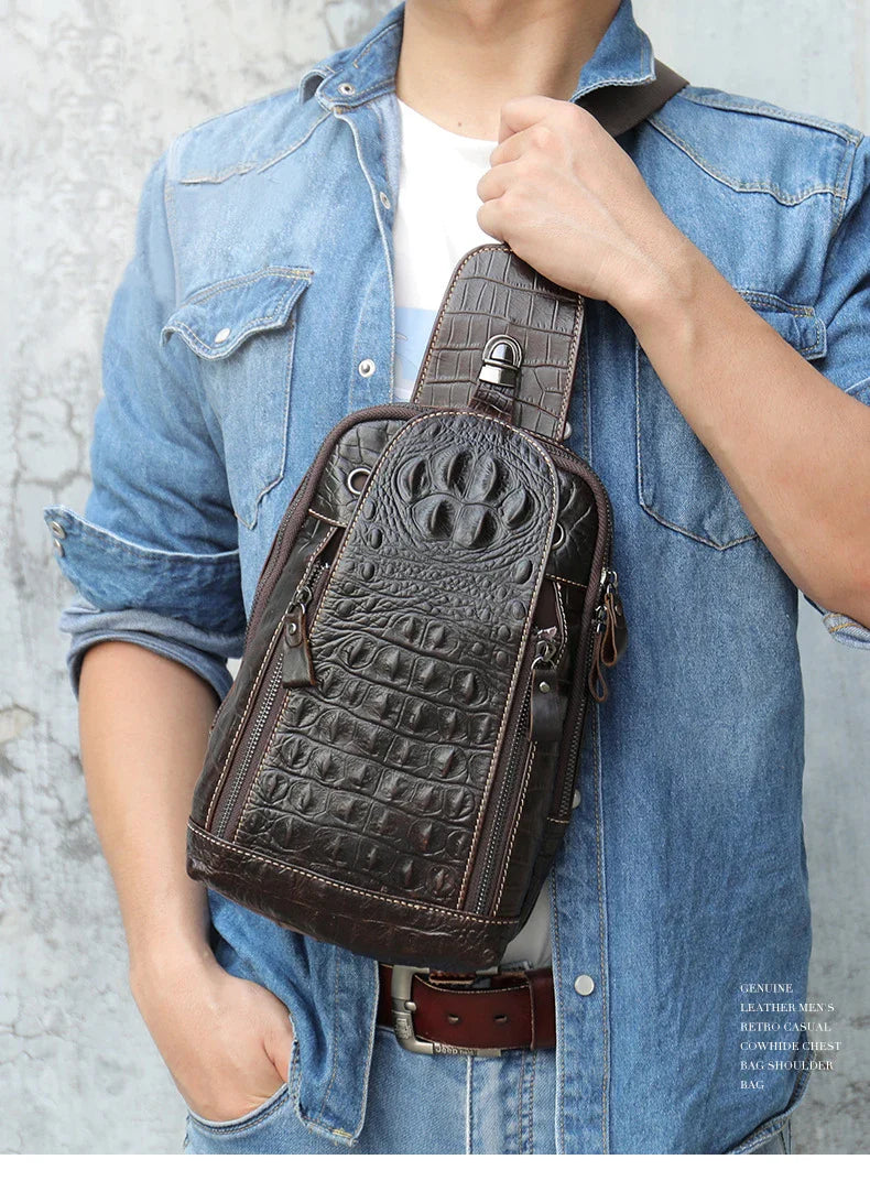 Femlion Alligator Pattern Leather Chest Bag Men's Crossbody Chest Pack