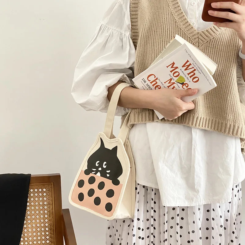 Femlion Little Black Cat Canvas Tote Bag for Stylish Women