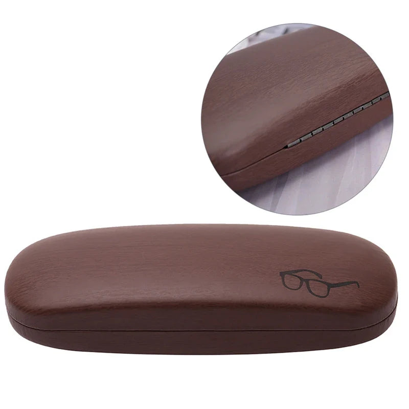 Femlion Wood Grain Hard Kit Holder Metal Eyeglass Case Quality PU Leather