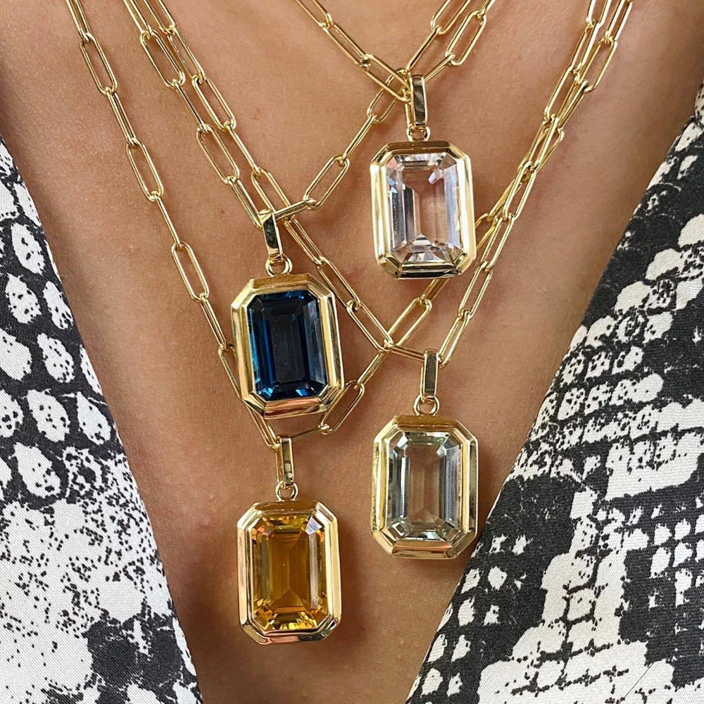 Femlion Clear Crystal Square Pendant Necklace Gold Plated Stainless Steel Chain Jewelry