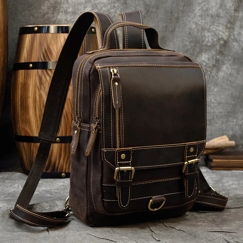 Femlion Genuine Leather Chest Bag - Men's Dual-Use Mini Backpack