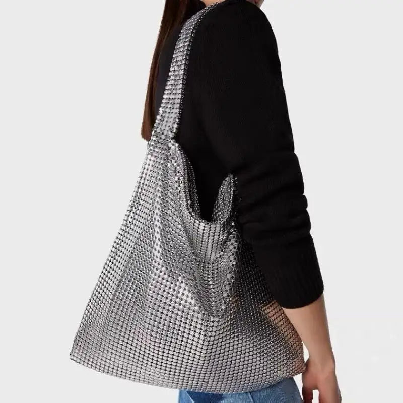 Femlion Silver Glitter Mesh Shoulder Bag - Large Tote for Evening Party