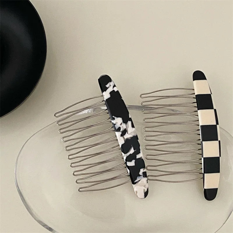 Femlion Marble Pattern Plaid Comb Clip, Korean Style Insert Hair Accessory