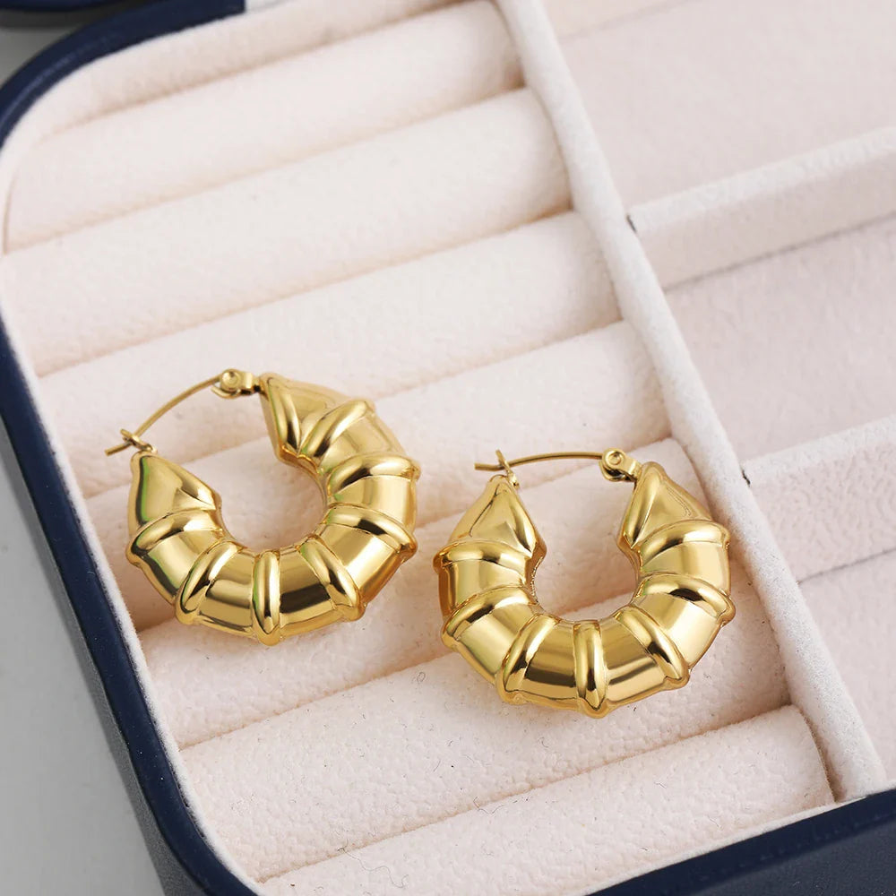 Femlion Bamboo Hoop Earrings | Trendy Gold Stainless Steel Jewelry for Women