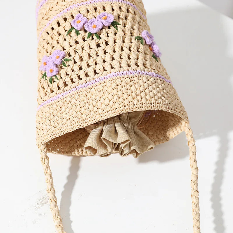 Femlion Raffia Straw Bucket Bag One-shoulder Handbag