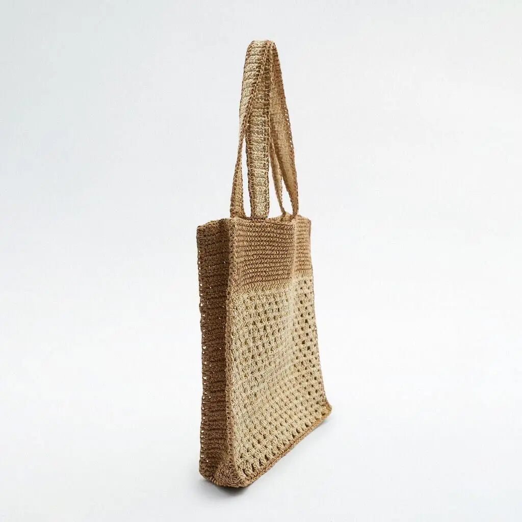 Femlion Beige Braided Straw Shoulder Bag for Beach by New Hollow