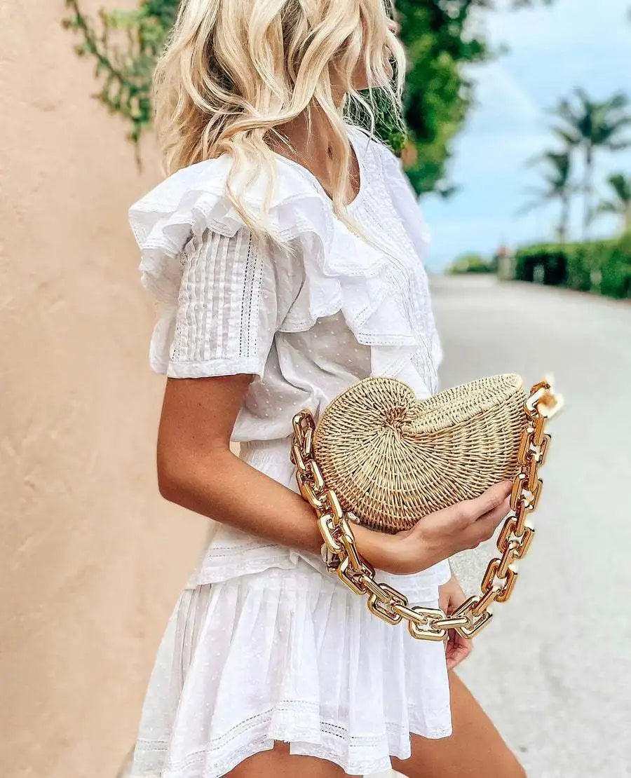 Femlion Conch Shell Rattan Bag with Acrylic Chain Shoulder Strap