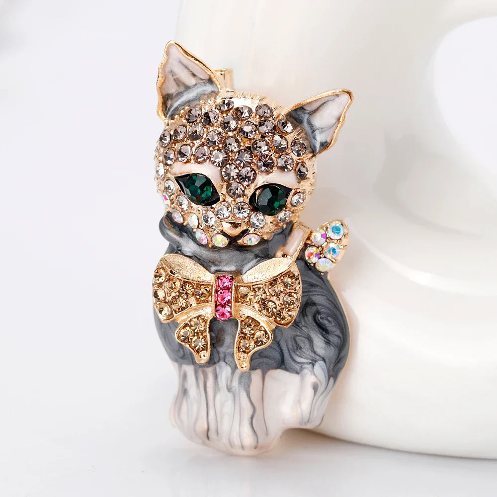 Femlion Bowknot Dog Brooch - Enamel Rhinestone Animal Pin for Women's Fashion