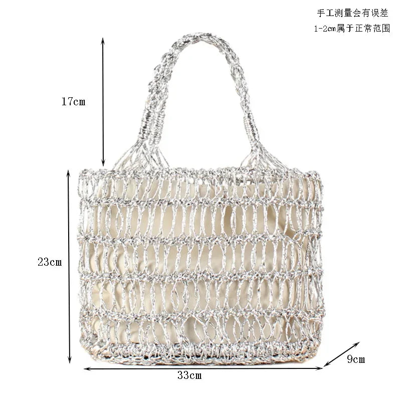 Femlion Gold & Silver Thread Woven Beach Straw Bag - Trendy Vacation Style