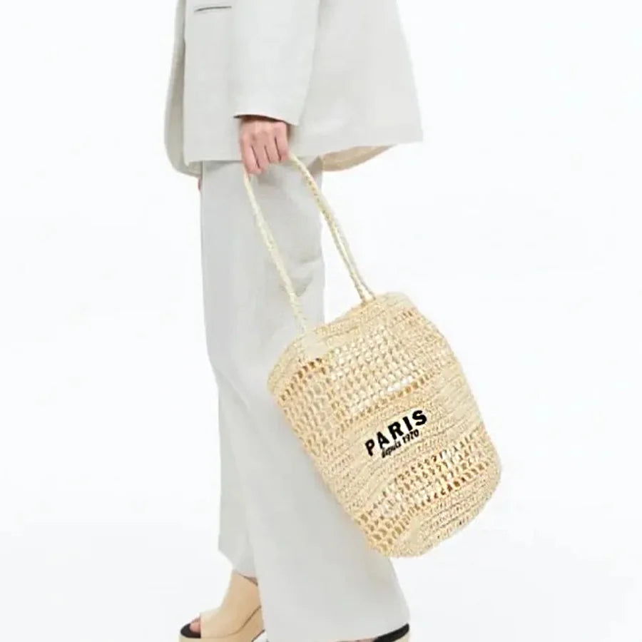 Femlion Straw Shoulder Bag: Handwoven Papaer Letters Tote for Beach, Summer Bali 2024