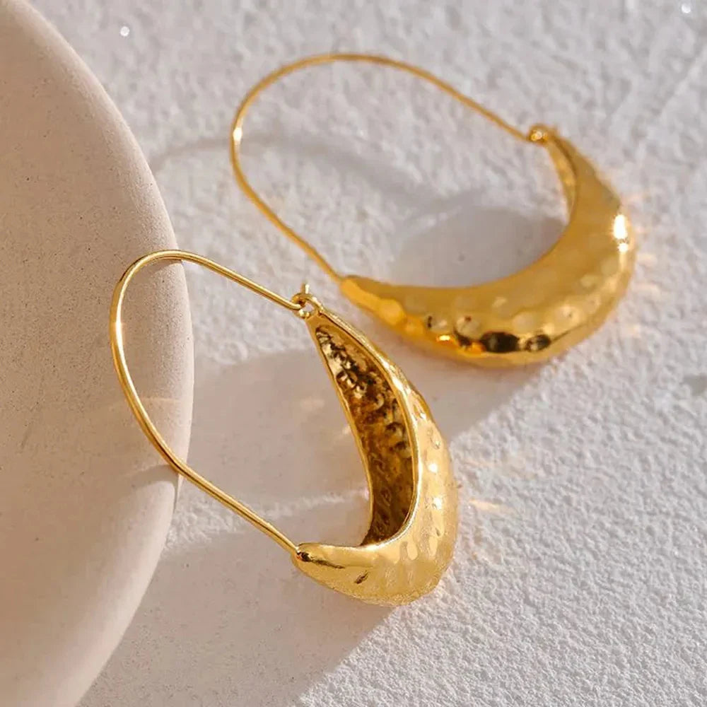 Femlion Glam Crescent Hoop Earrings: Golden Plated Stainless Steel Textured Thick Hoops