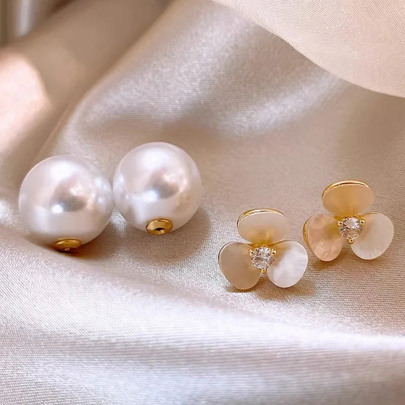 Femlion Shell Flower Pearl Stud Earrings - 2024 Fashion Jewelry for Women