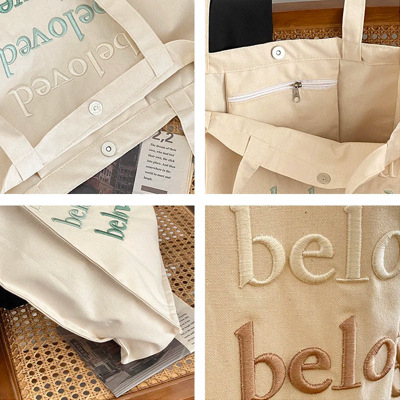 Femlion Beloved Embroidery Canvas Tote Bag for Girls - Daily Shopping & Books Bag