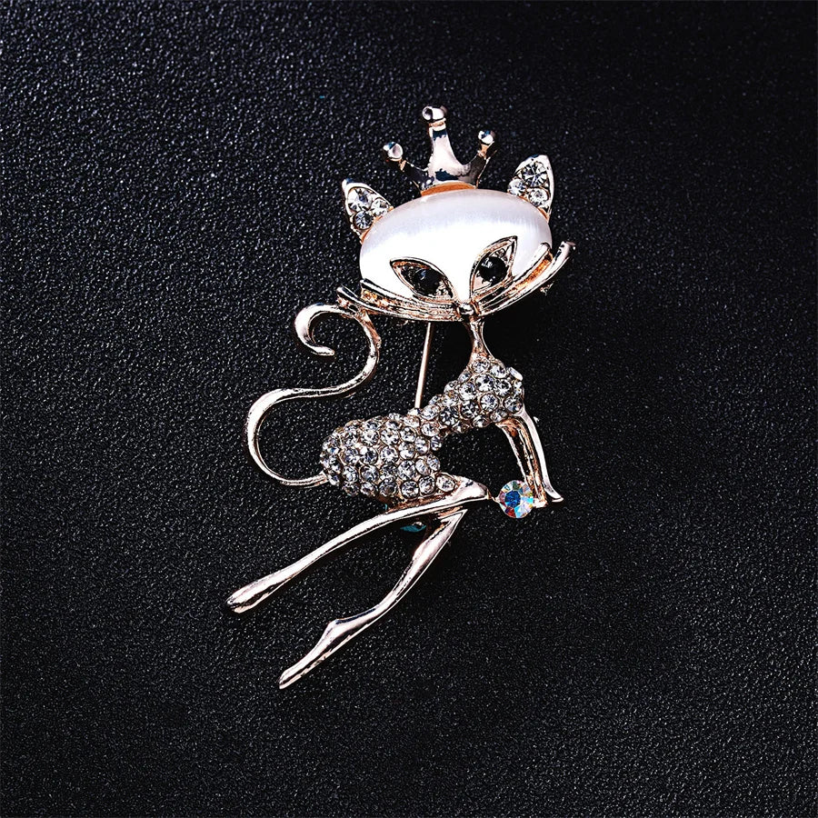 Femlion Opal Cat Brooch Gold Rhinestone Lapel Pin Crystal Badge Kitten Jewelry